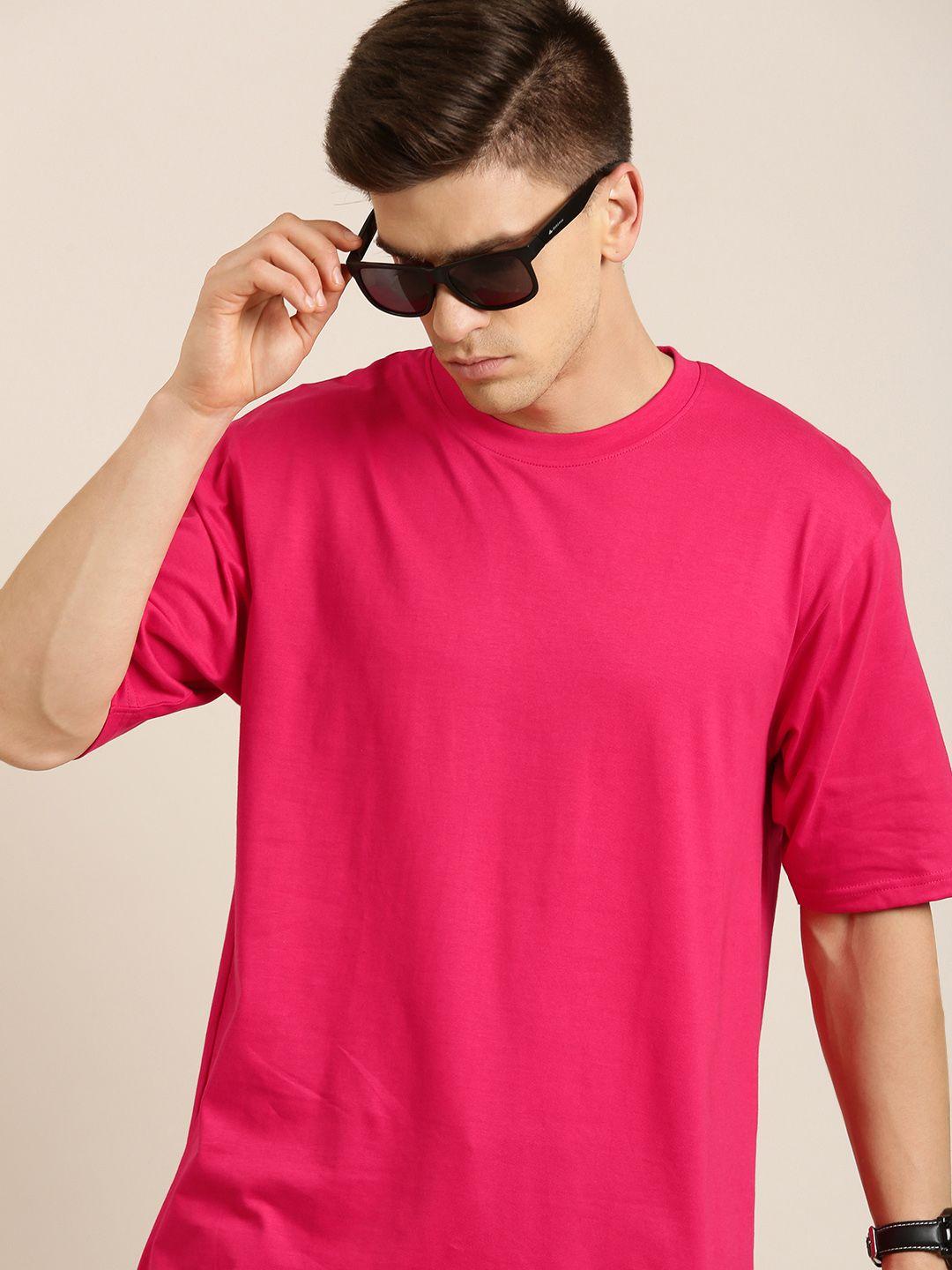 difference of opinion men pink solid pure cotton drop-shoulder loose fit oversized t-shirt
