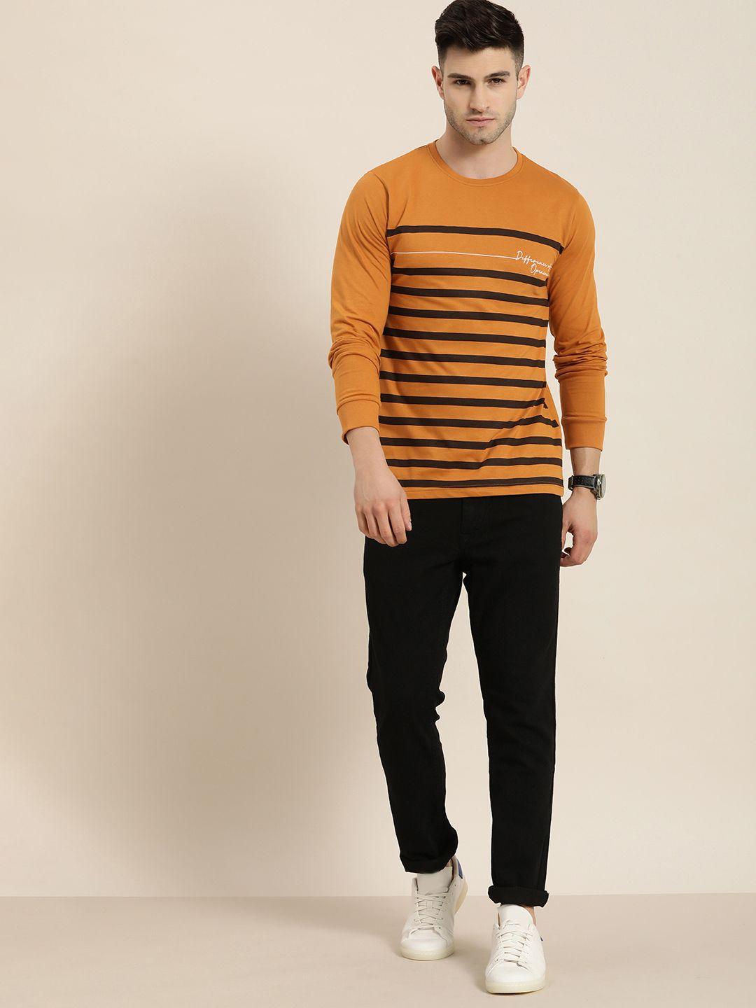 difference of opinion men rust brown & black striped round neck t-shirt