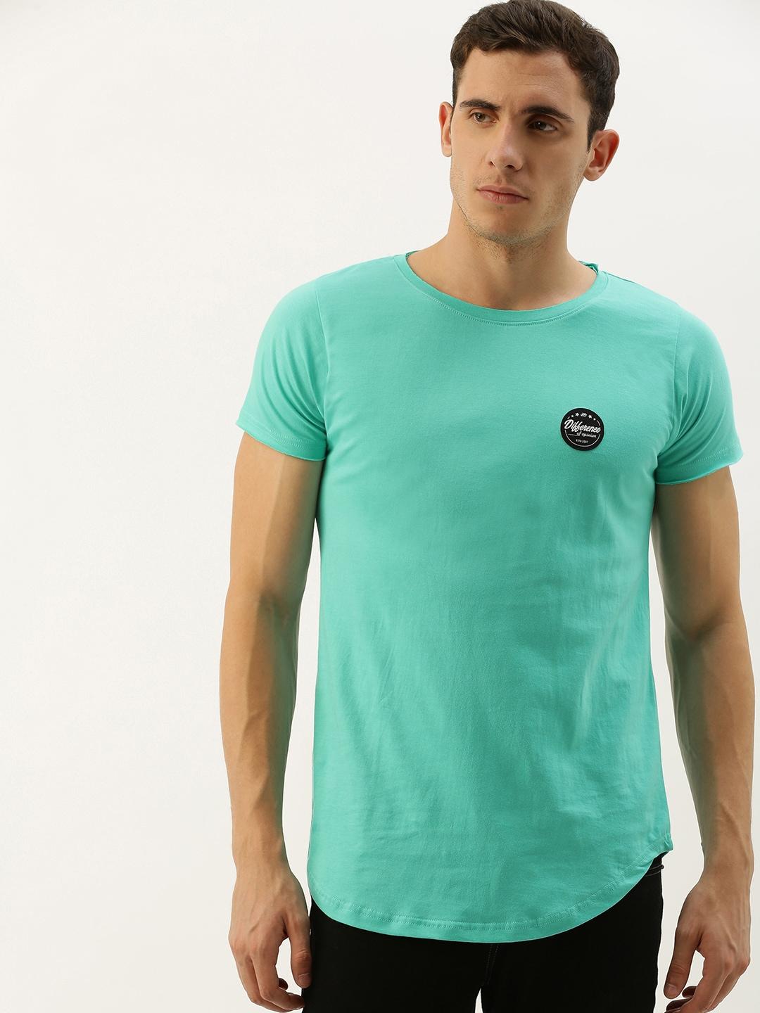 difference of opinion men sea green solid round neck pure cotton t-shirt with applique detail