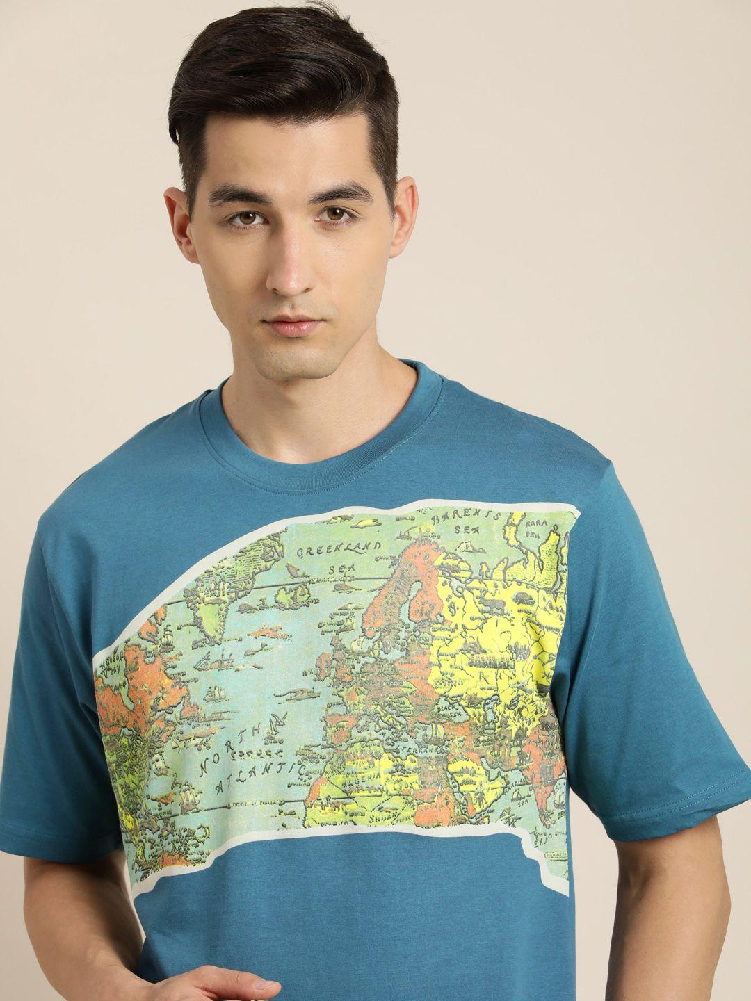 difference of opinion men teal blue & green graphic printed oversized cotton t-shirt