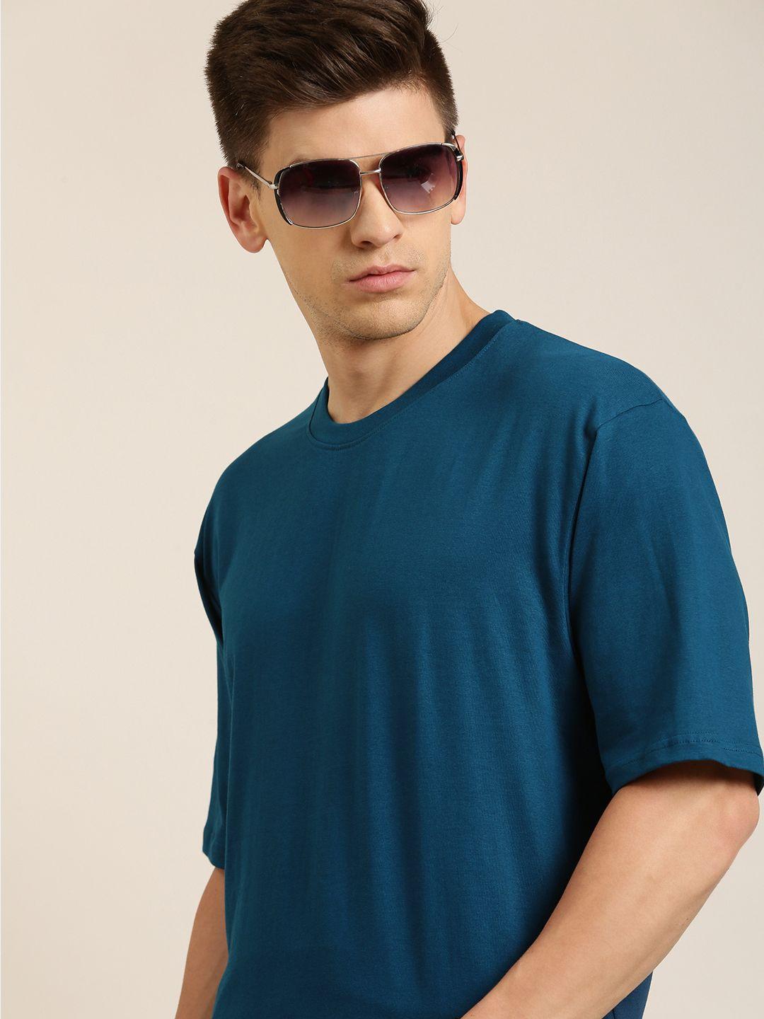 difference of opinion men teal blue pure cotton drop-shoulder loose fit oversized t-shirt
