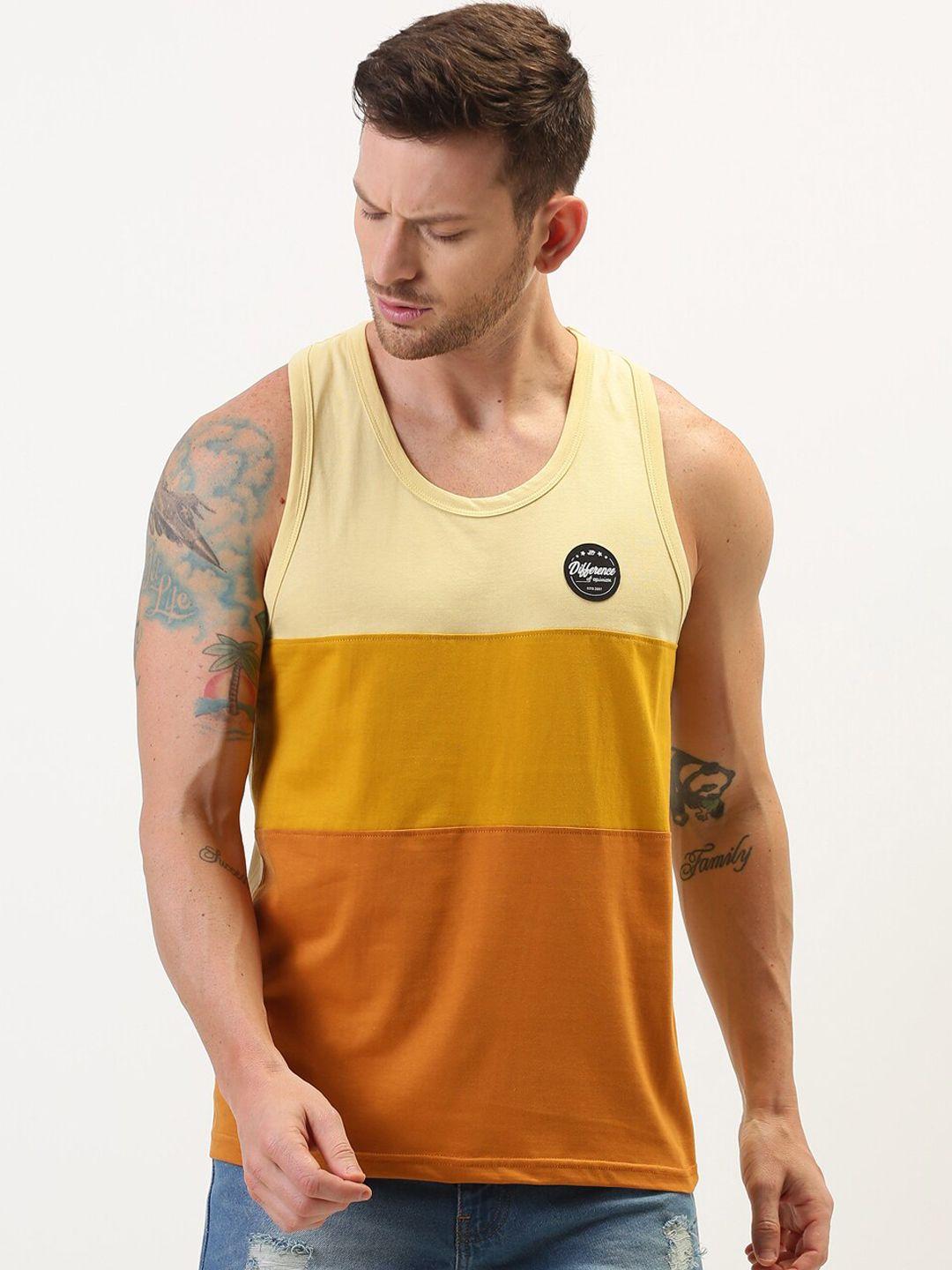 difference of opinion men yellow colourblocked round neck t-shirt
