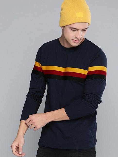 difference of opinion navy cotton regular fit striped t-shirt