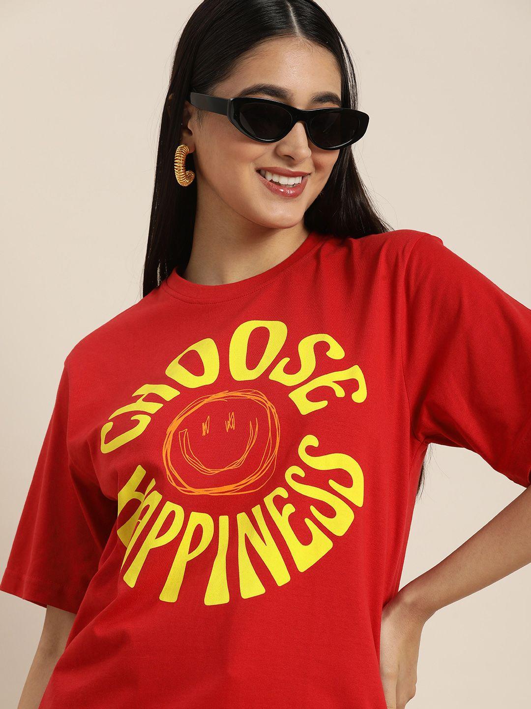 difference of opinion red & yellow typography printed cotton oversized longline t-shirt