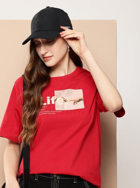 difference of opinion red cotton graphic print oversized t-shirt