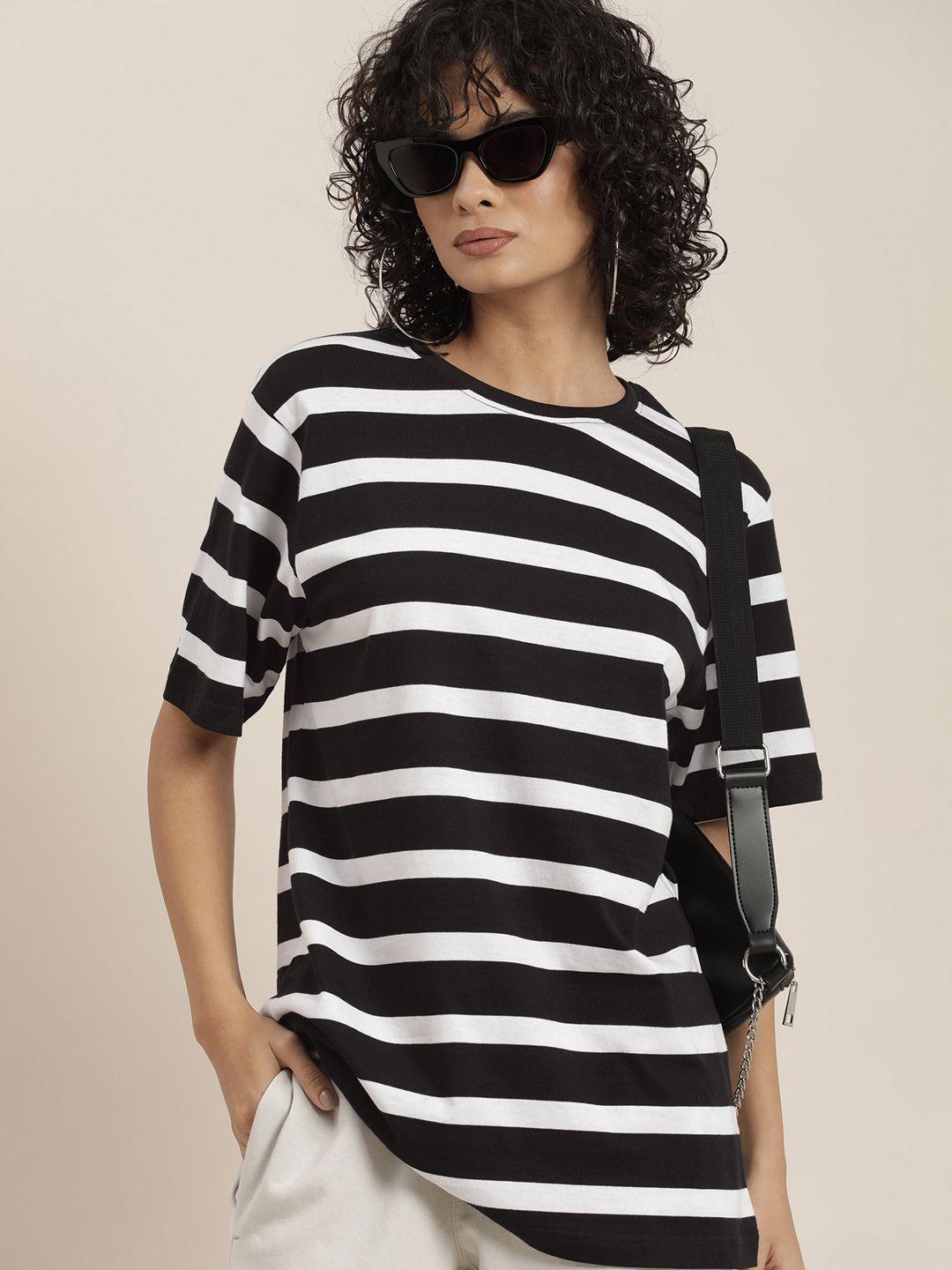 difference of opinion striped oversized pure cotton drop-shoulder sleeves t-shirt