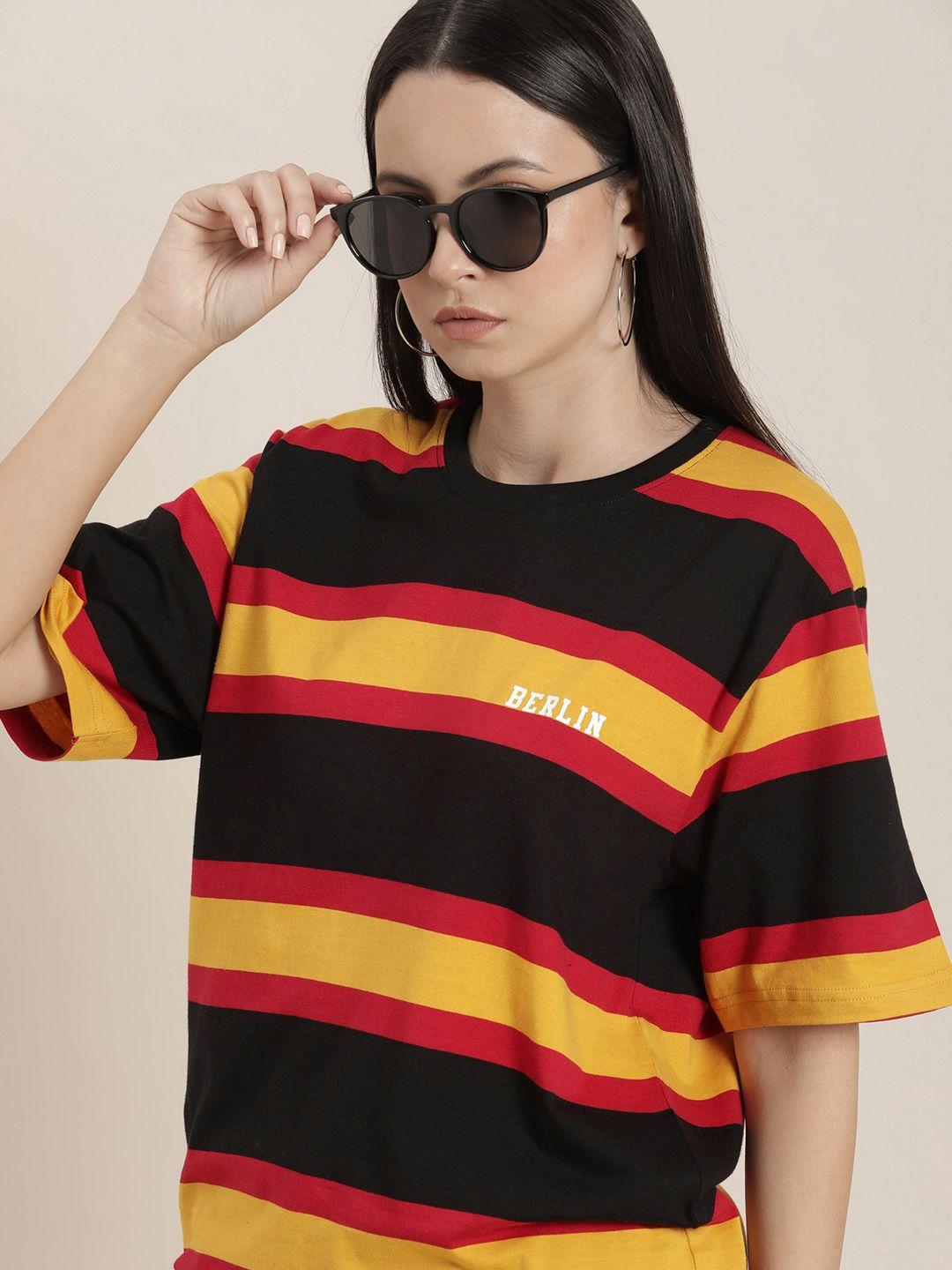 difference of opinion striped oversized pure cotton drop-shoulder sleeves t-shirt