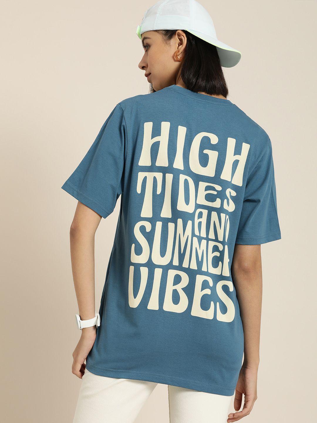 difference of opinion teal blue back typography print oversized longline cotton t-shirt
