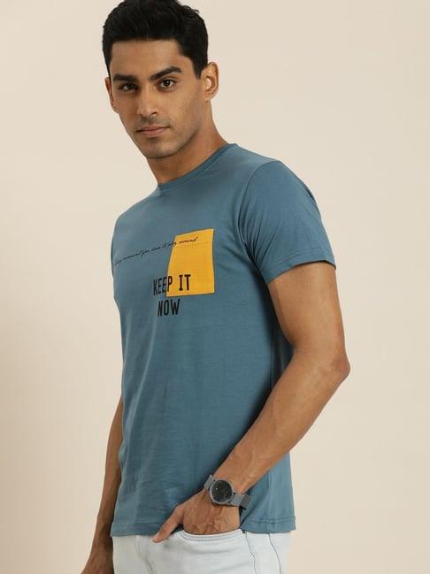 difference of opinion teal blue cotton regular fit printed t-shirt