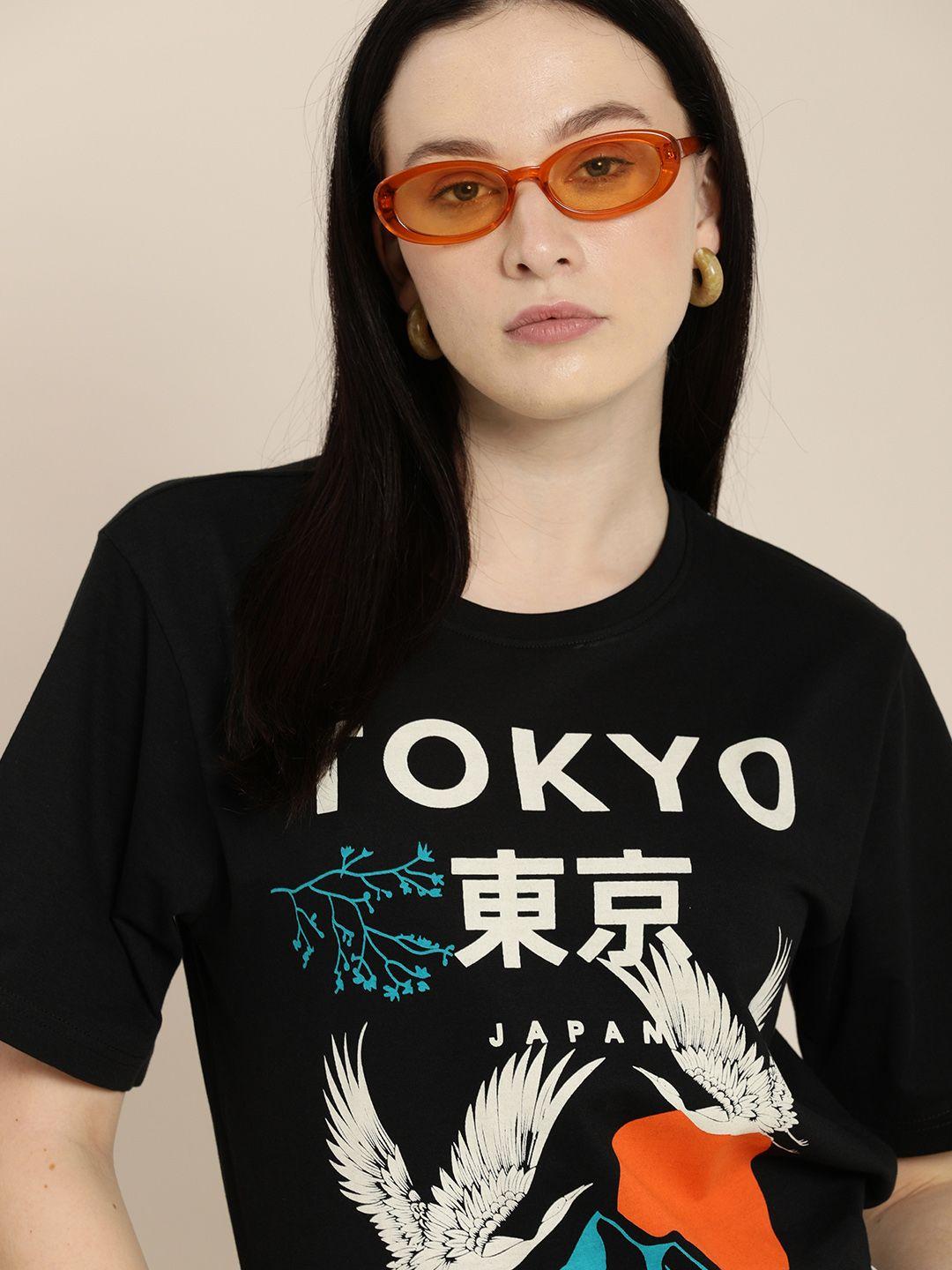 difference of opinion women black printed oversized pure cotton t-shirt