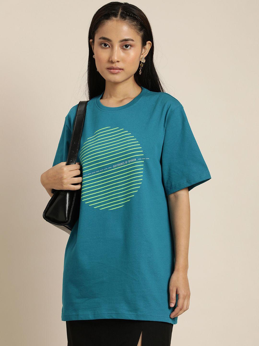 difference of opinion women blue & green brand logo printed drop-shoulder sleeves pure cotton loose t-shirt