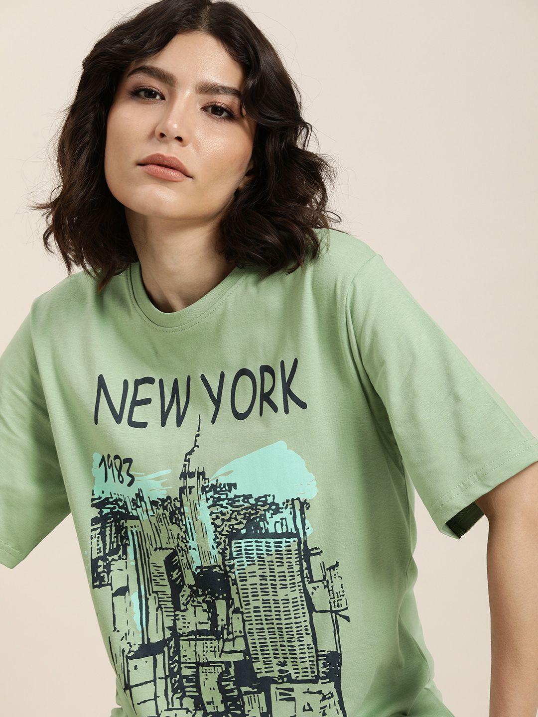 difference of opinion women green pure cotton printed loose t-shirt