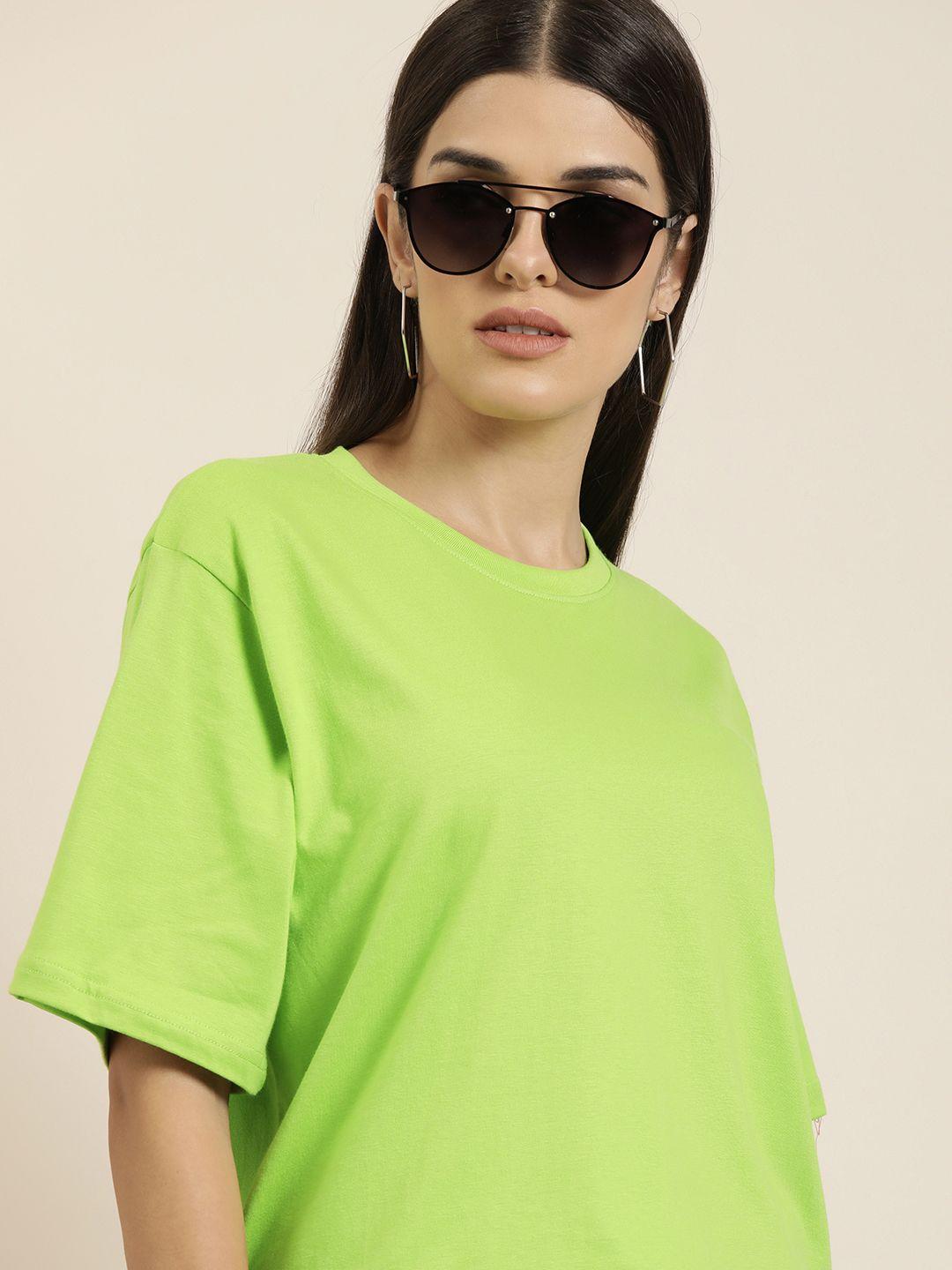 difference of opinion women green solid pure cotton oversized t-shirt