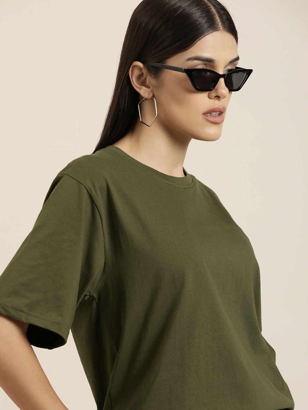 difference of opinion women olive green solid pure cotton oversized t-shirt