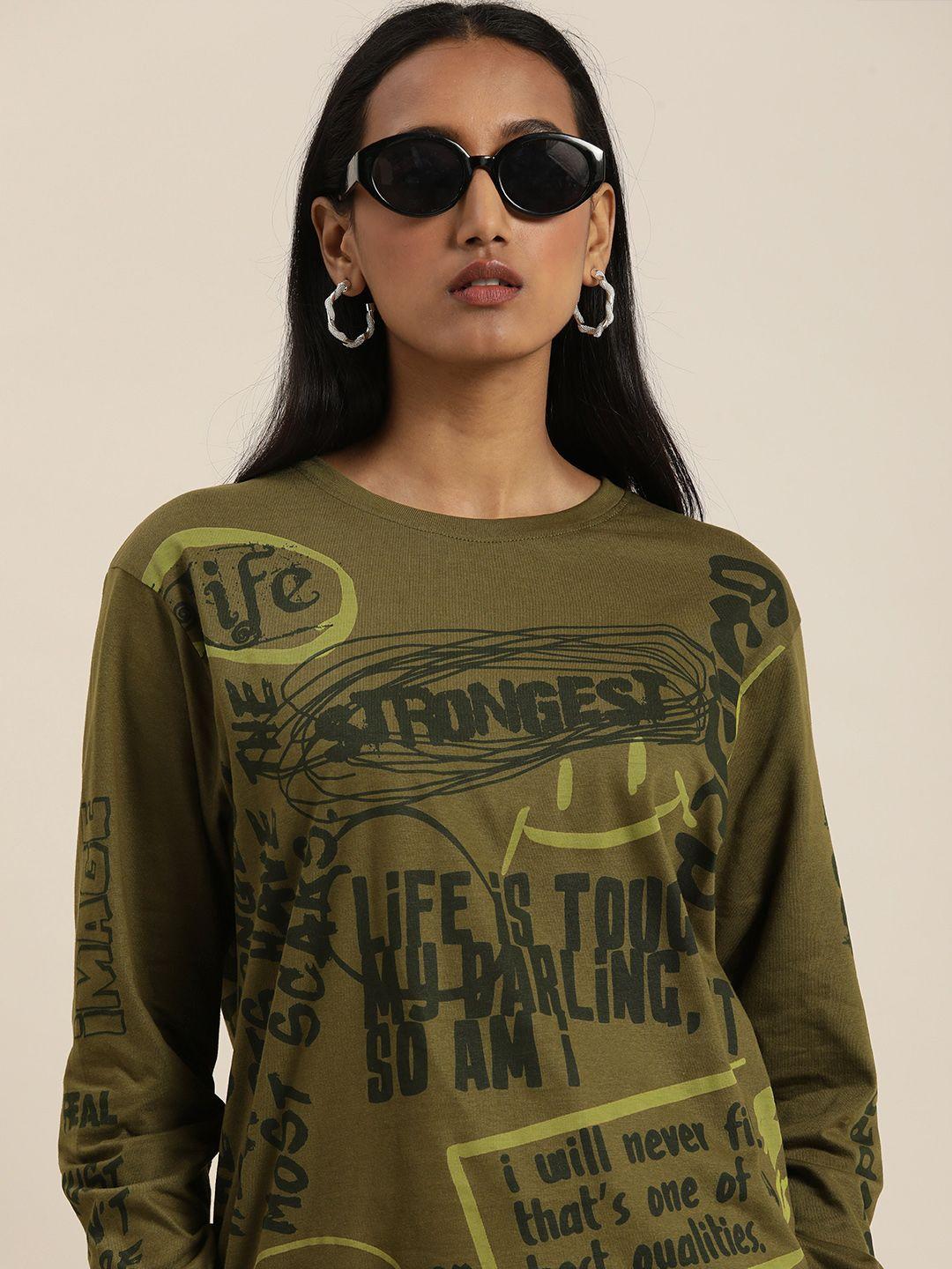 difference of opinion women olive green typography printed loose t-shirt