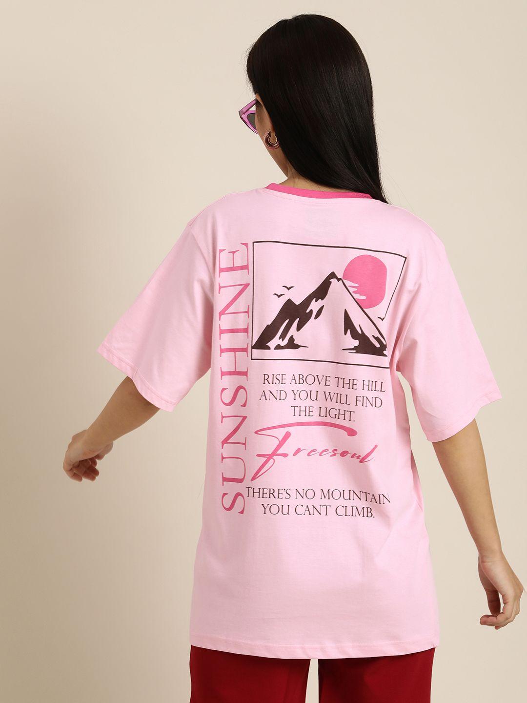 difference of opinion women pink & black printed drop-shoulder sleeves pure cotton loose t-shirt