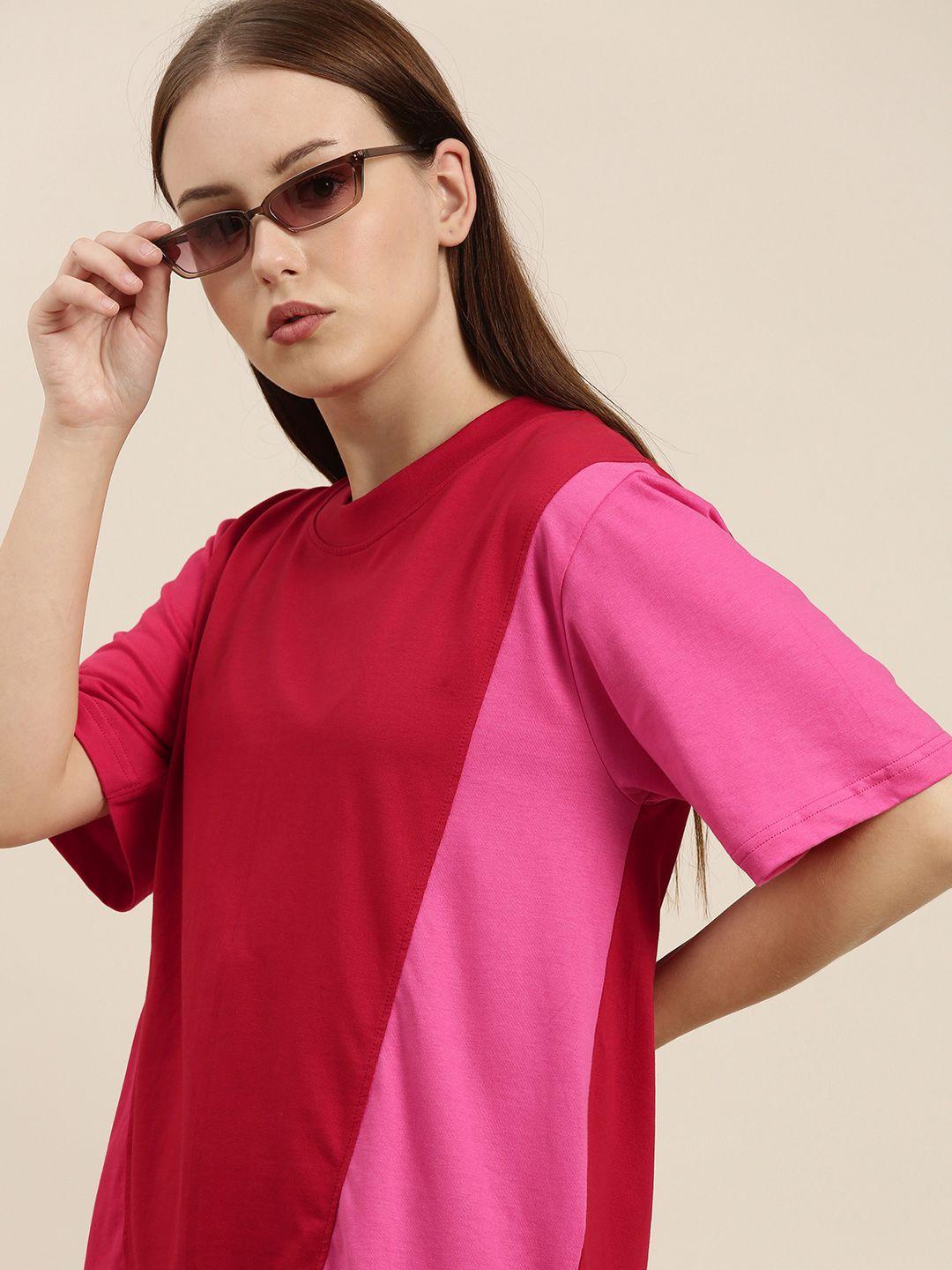 difference of opinion women red  pink colourblocked pure cotton loose pure cotton t-shirt