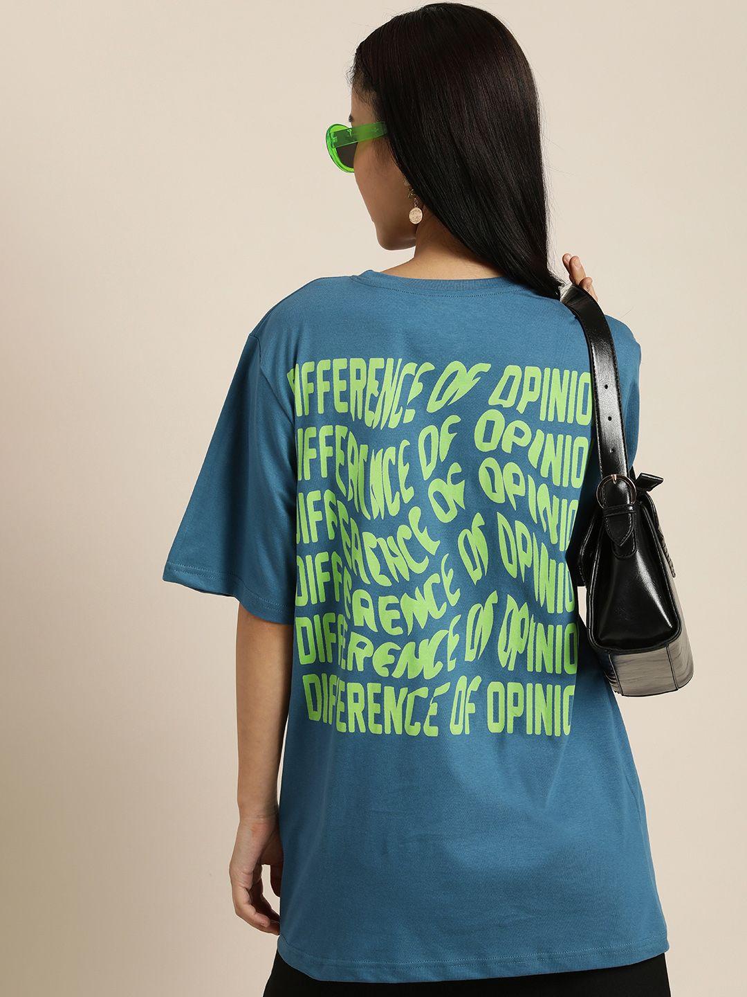 difference of opinion women teal & green brand logo printed drop-shoulder sleeves pure cotton loose t-shirt