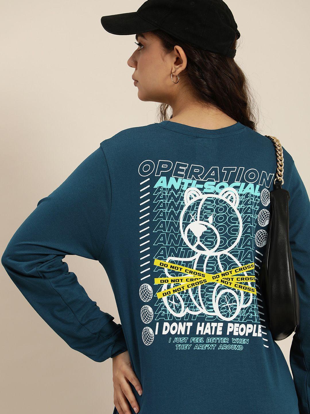 difference of opinion women teal printed pure cotton loose t-shirt