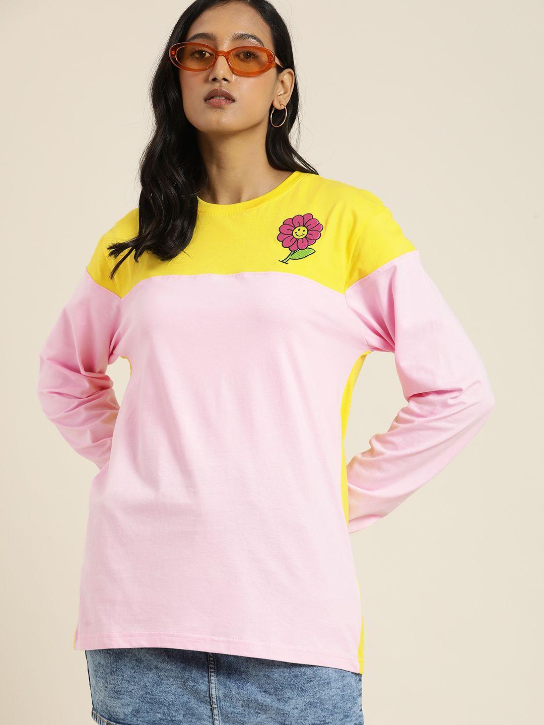 difference of opinion women yellow & pink pure cotton colourblocked loose t-shirt