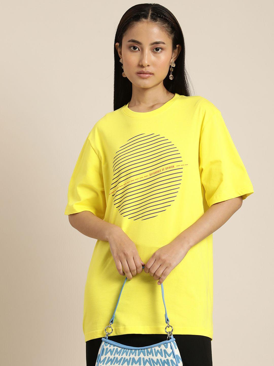 difference of opinion women yellow brand logo printed drop-shoulder sleeves pure cotton loose t-shirt