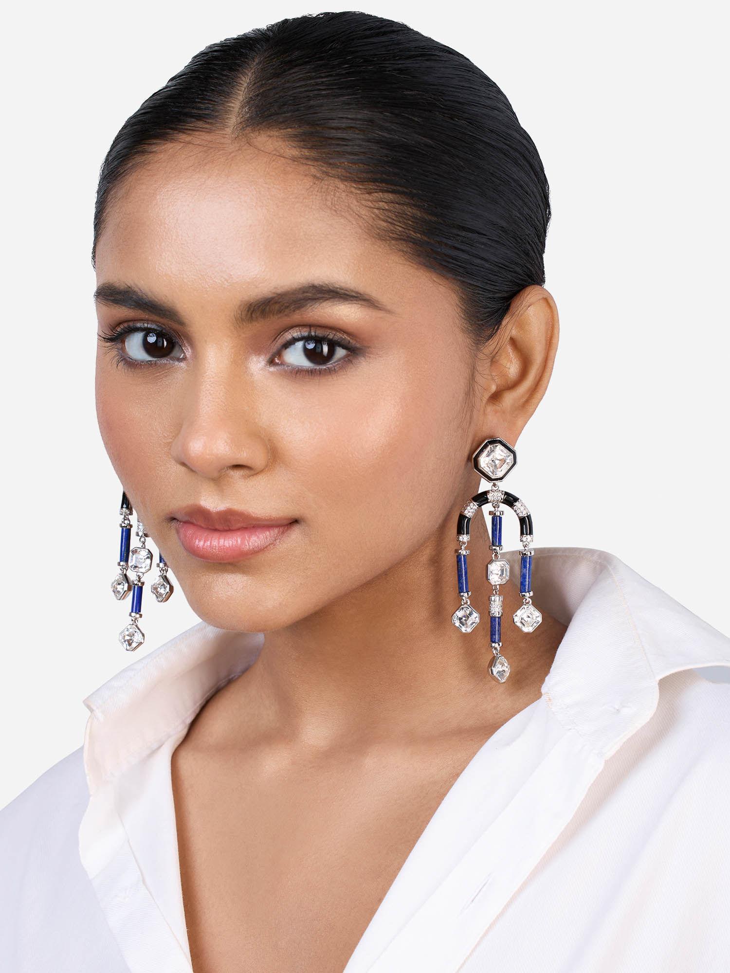 digital blue chandelier crystal earrings in rhodium and signature colored plating