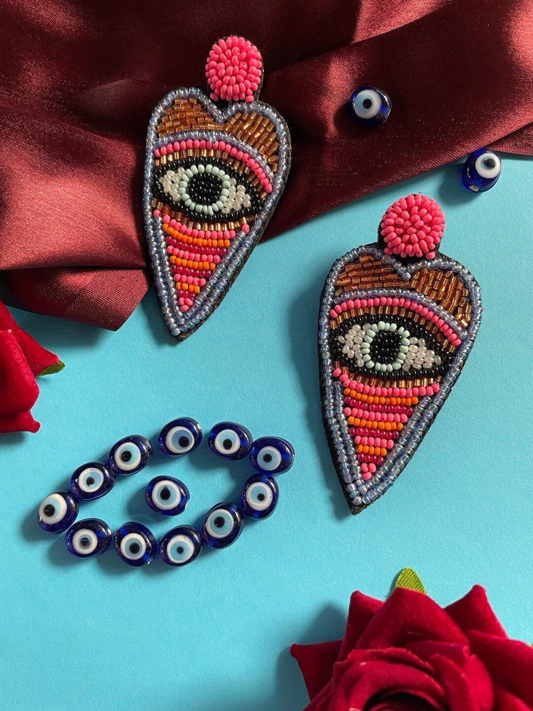 digital dress room evil eye beaded oval drop earrings