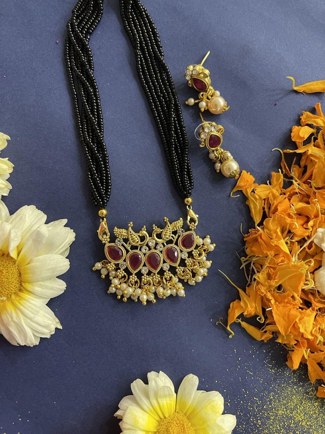 digital dress room gold-plated red stone-studded & pearl-beaded & black beaded mangalsutra