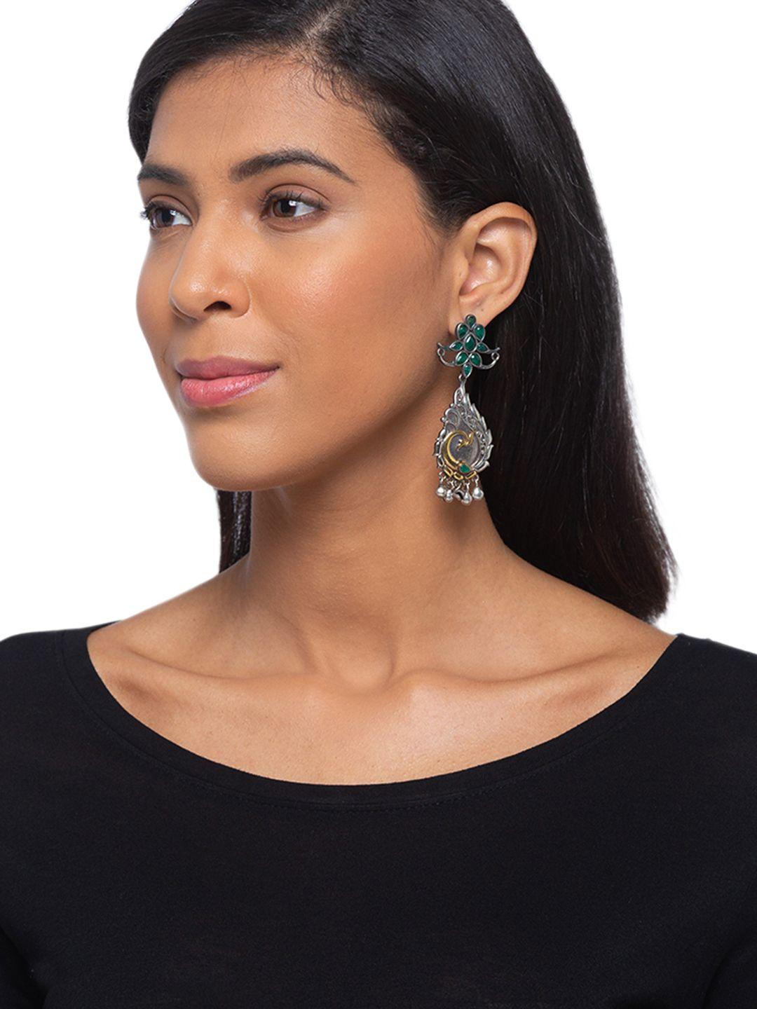 digital dress room green & silver-toned peacock shaped drop earrings