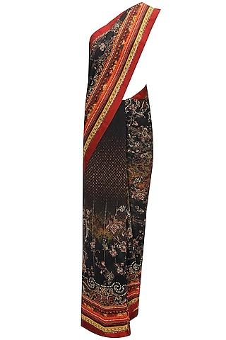 digital printed crystal embellished sari with maroon velvet blouse