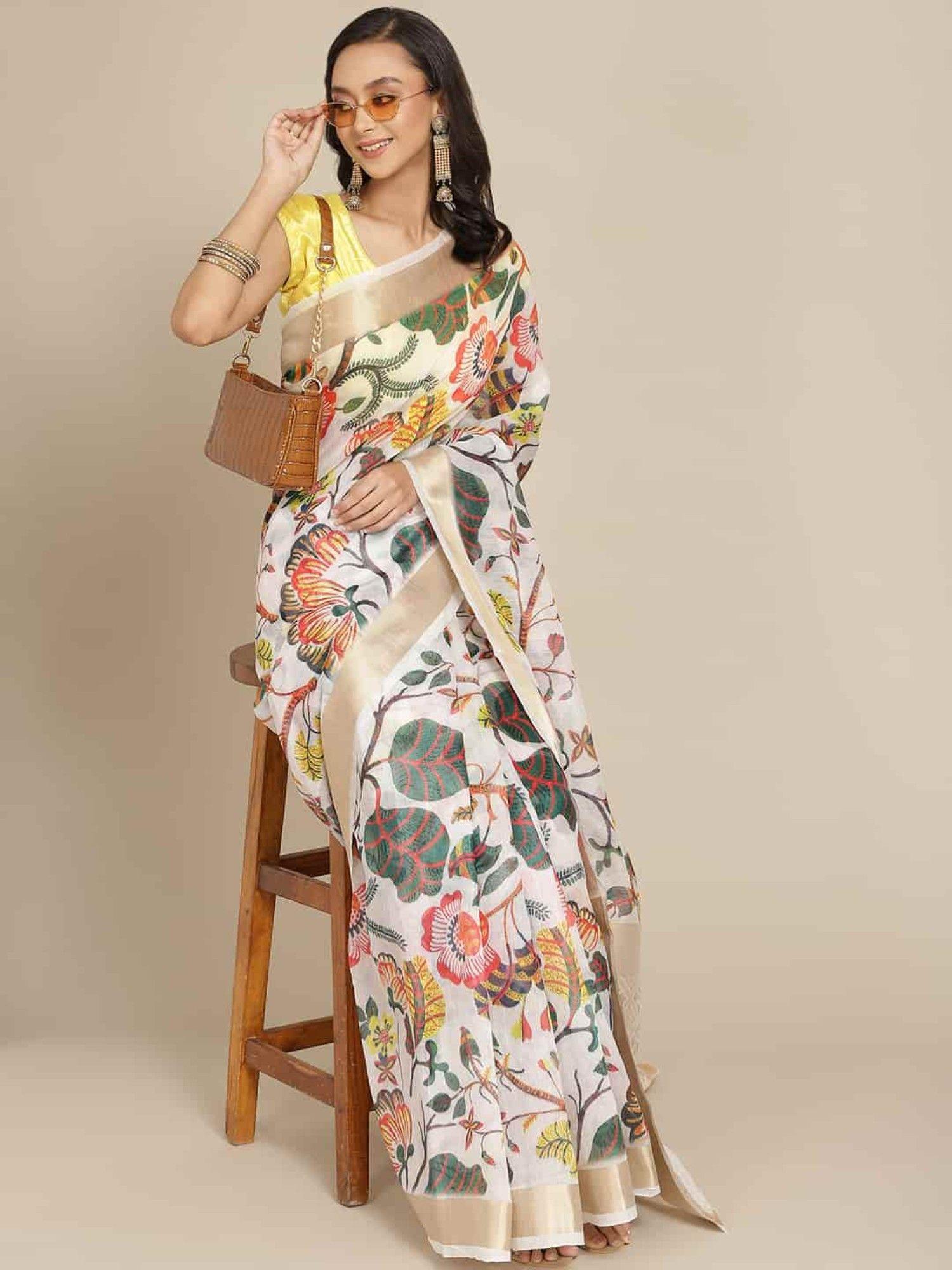 digital printed saree with unsticthed blouse piece white with unstitched