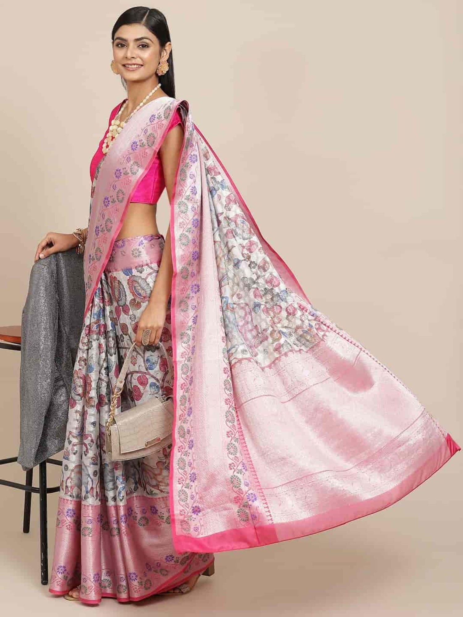 digital printed silk saree with unstiched blouse piece white with unstitched