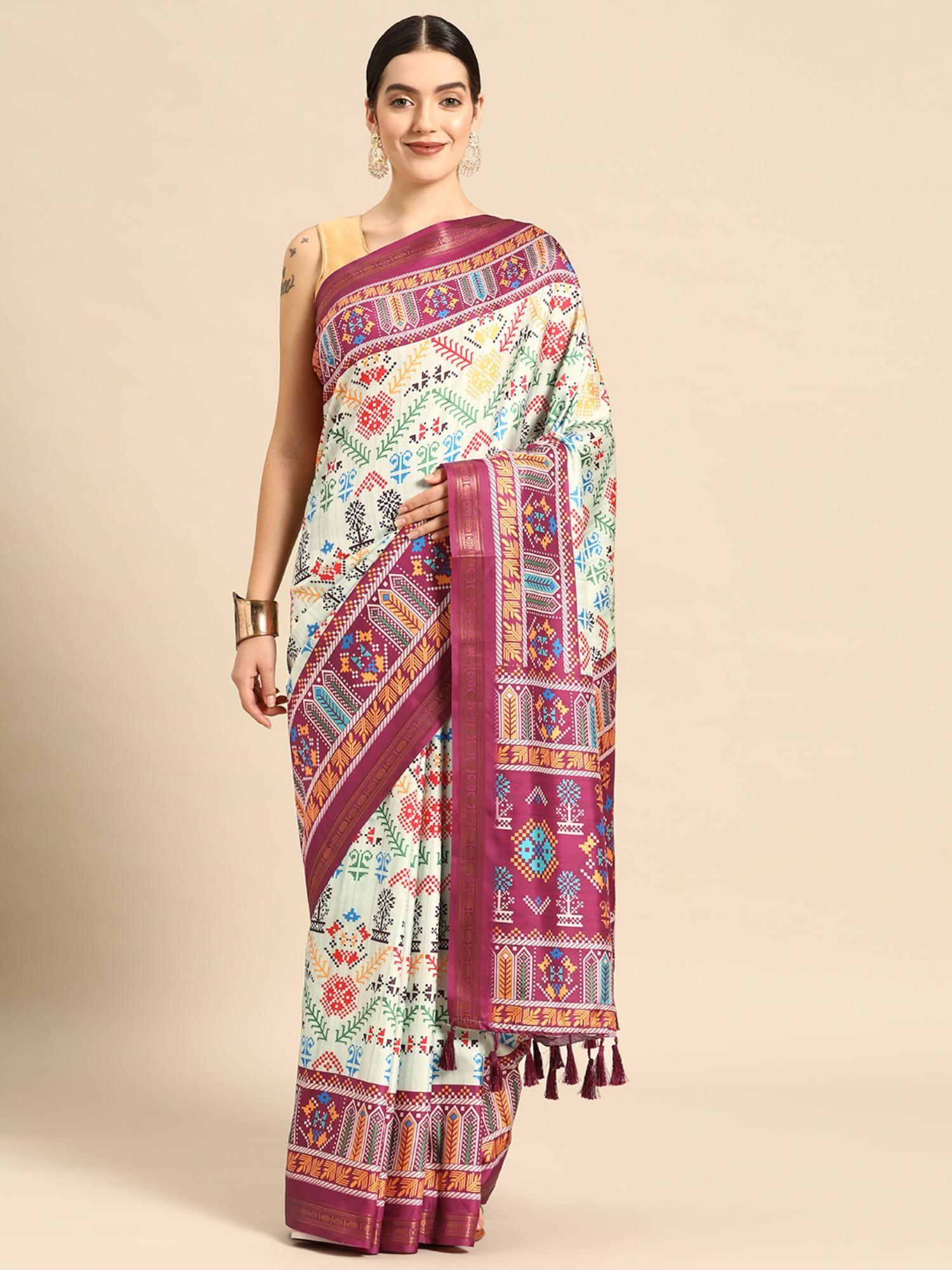 digital printed soft silk ikkat patola saree with unstitched blouse