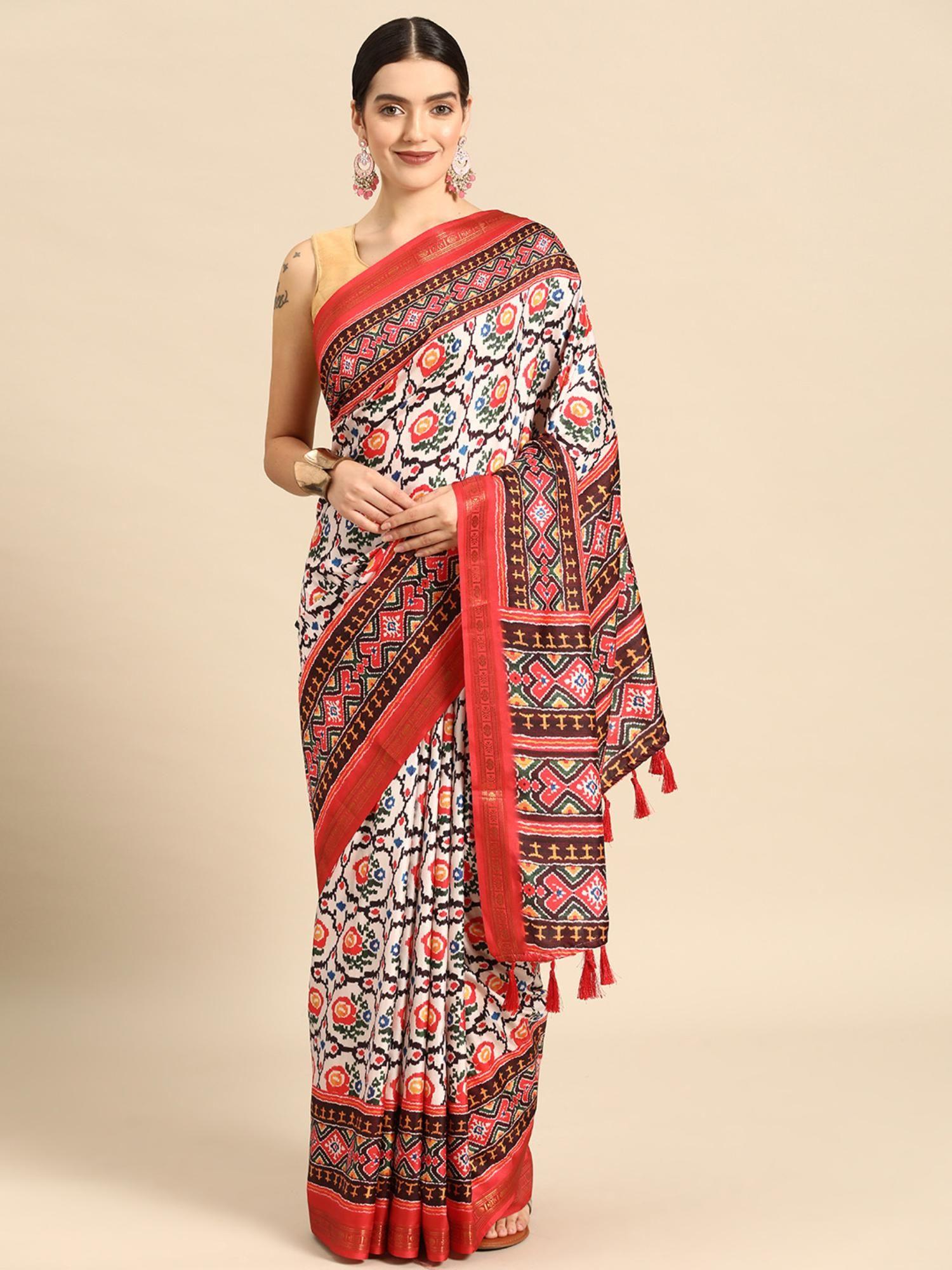 digital printed soft silk ikkat patola saree with unstitched blouse