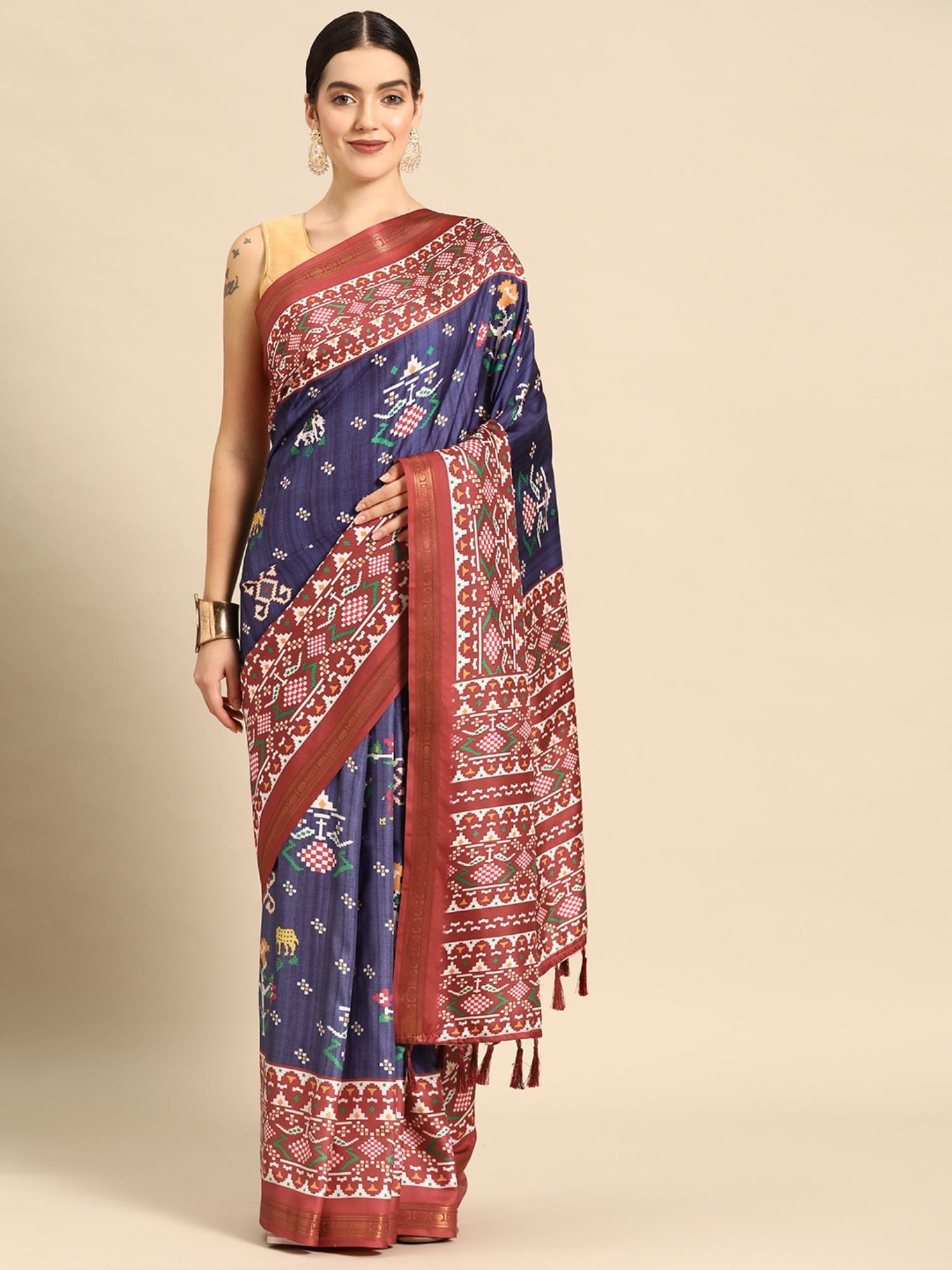 digital printed soft silk ikkat patola saree with unstitched blouse