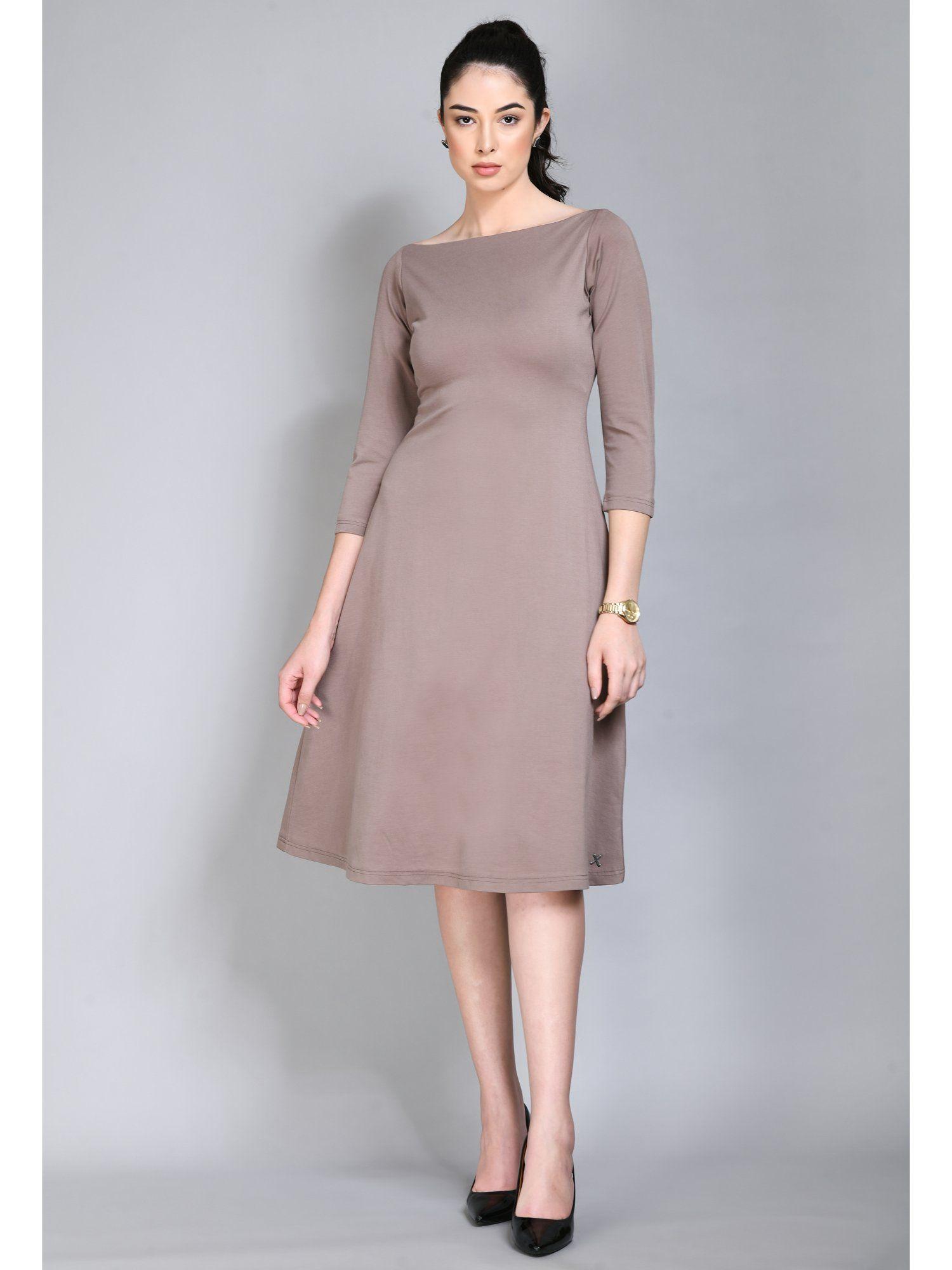 dignity boat neck a-line dress - camel beige