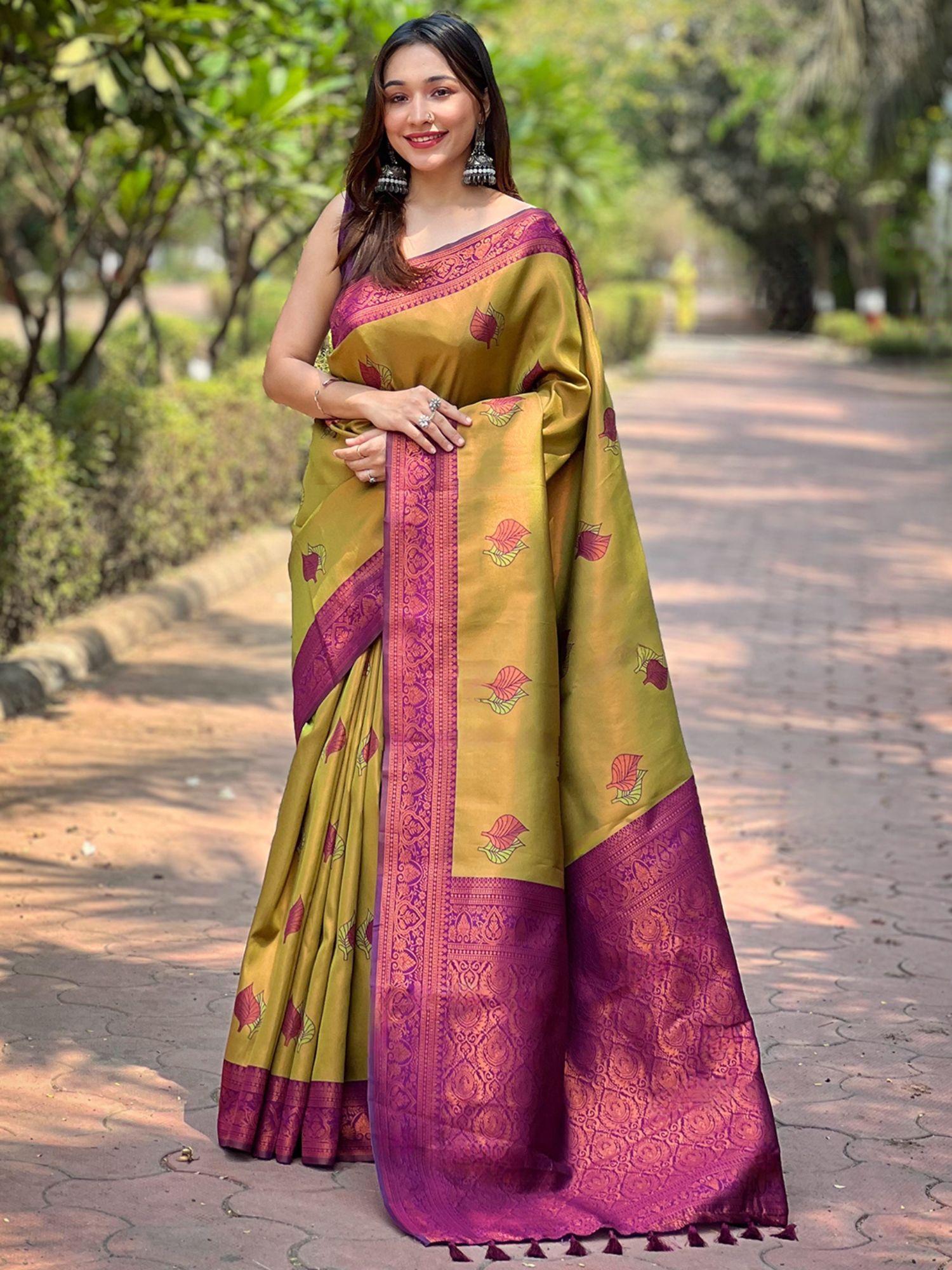 dijon khaki kanjivaram tissue saree with unstitched blouse