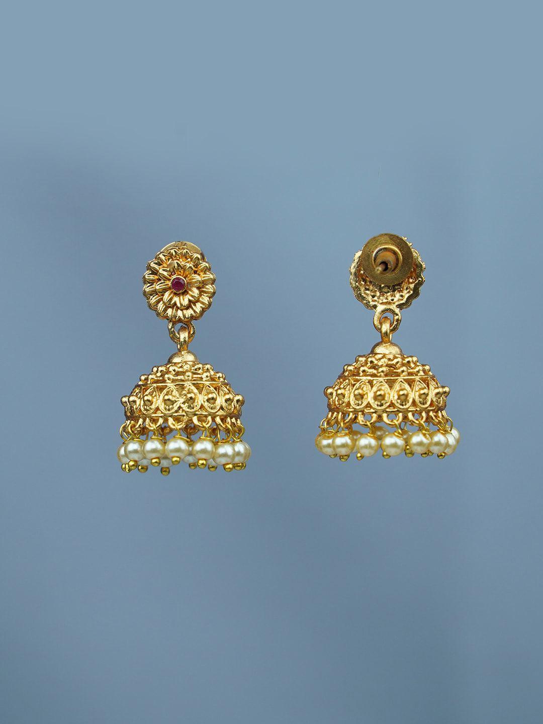 diksha collection gold-plated dome shaped stone studded & beaded jhumkas