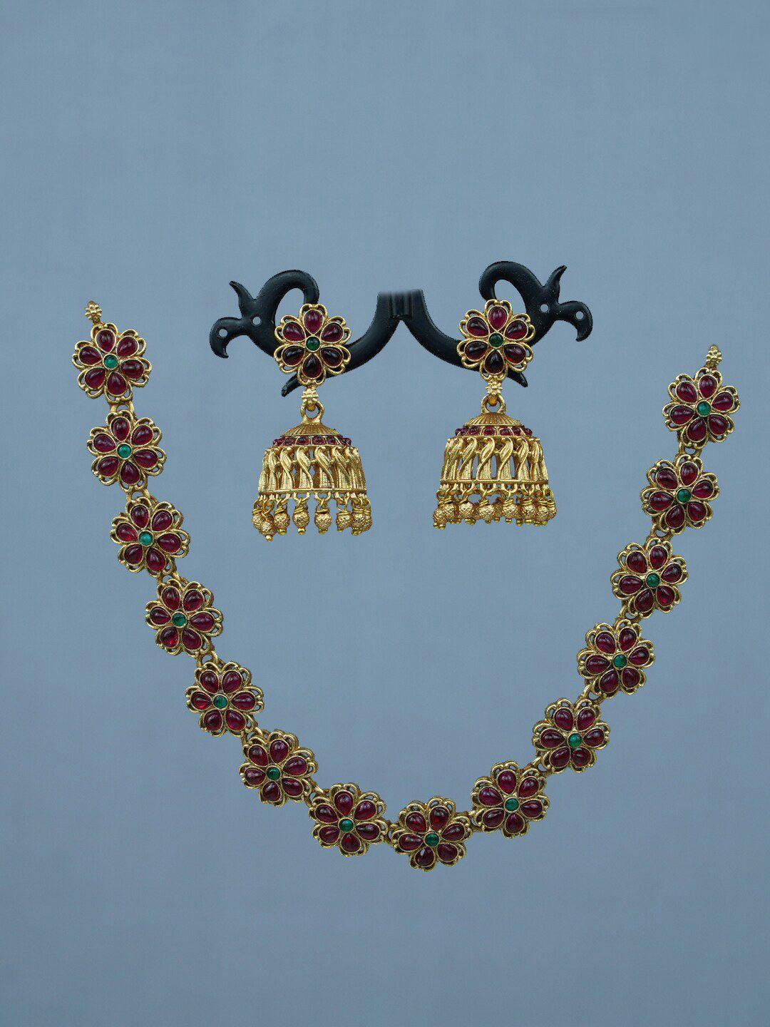 diksha collection gold-plated stone studded & beaded jewellery set