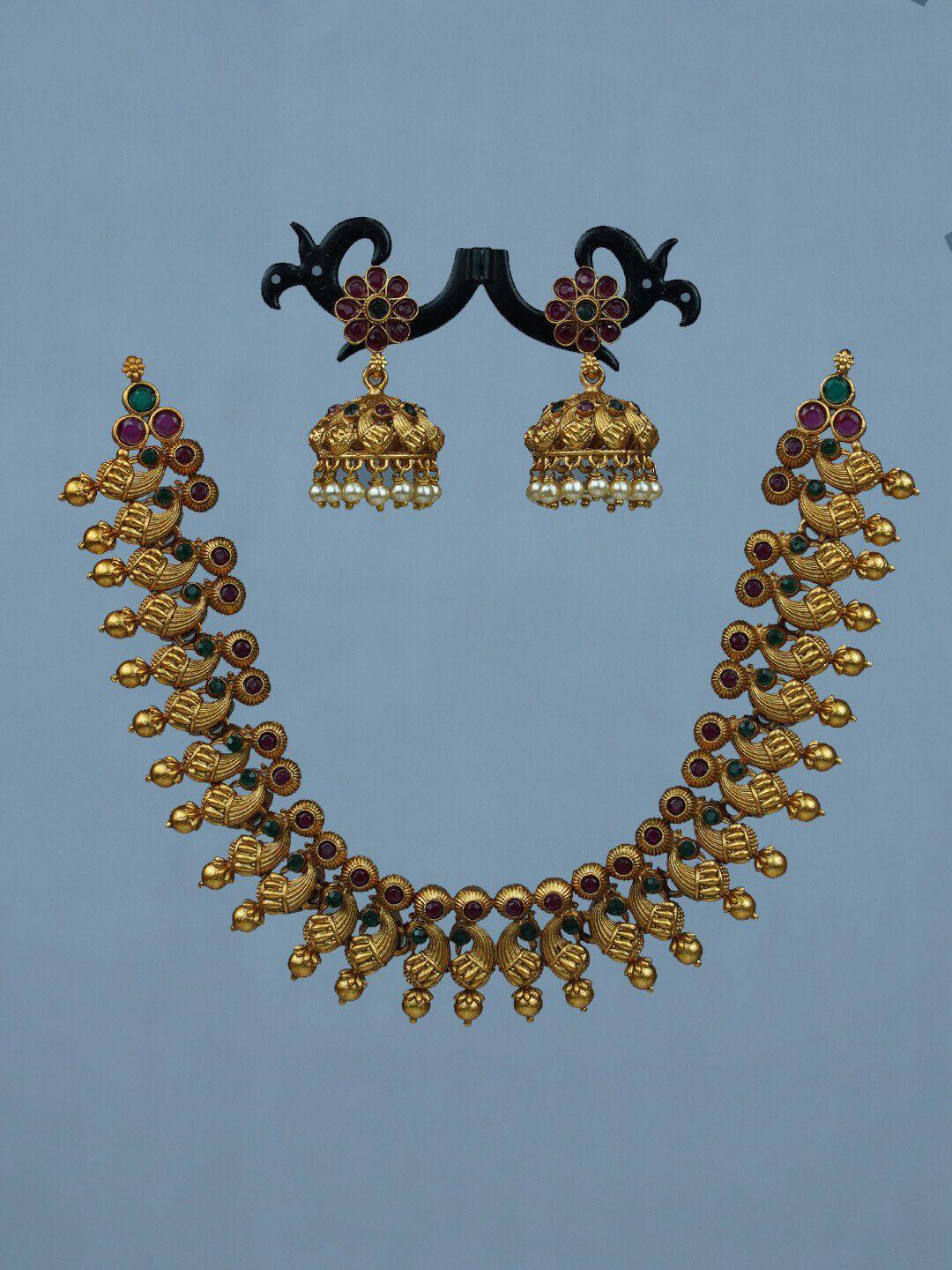 diksha collection gold-plated stone studded & beaded jewellery set