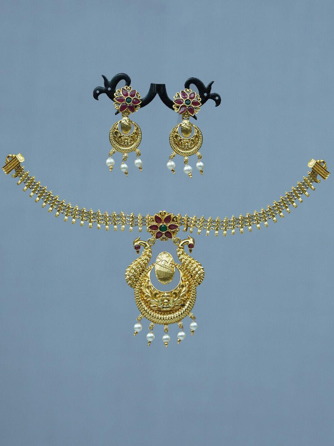 diksha collection gold-plated stone studded & beaded jewellery set