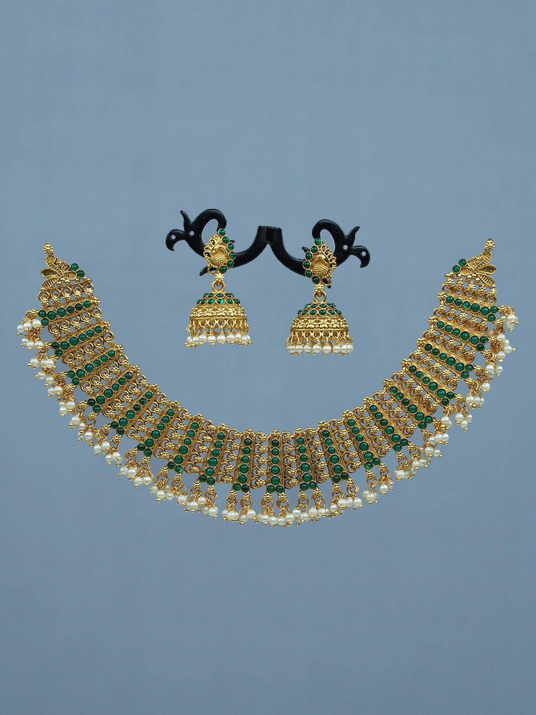 diksha collection gold-plated stone-studded & beaded jewelleryset