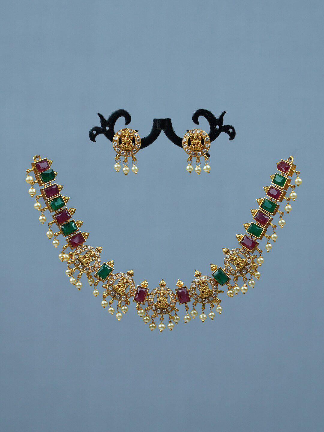 diksha collection gold-plated stone-studded & beaded jewelleryset