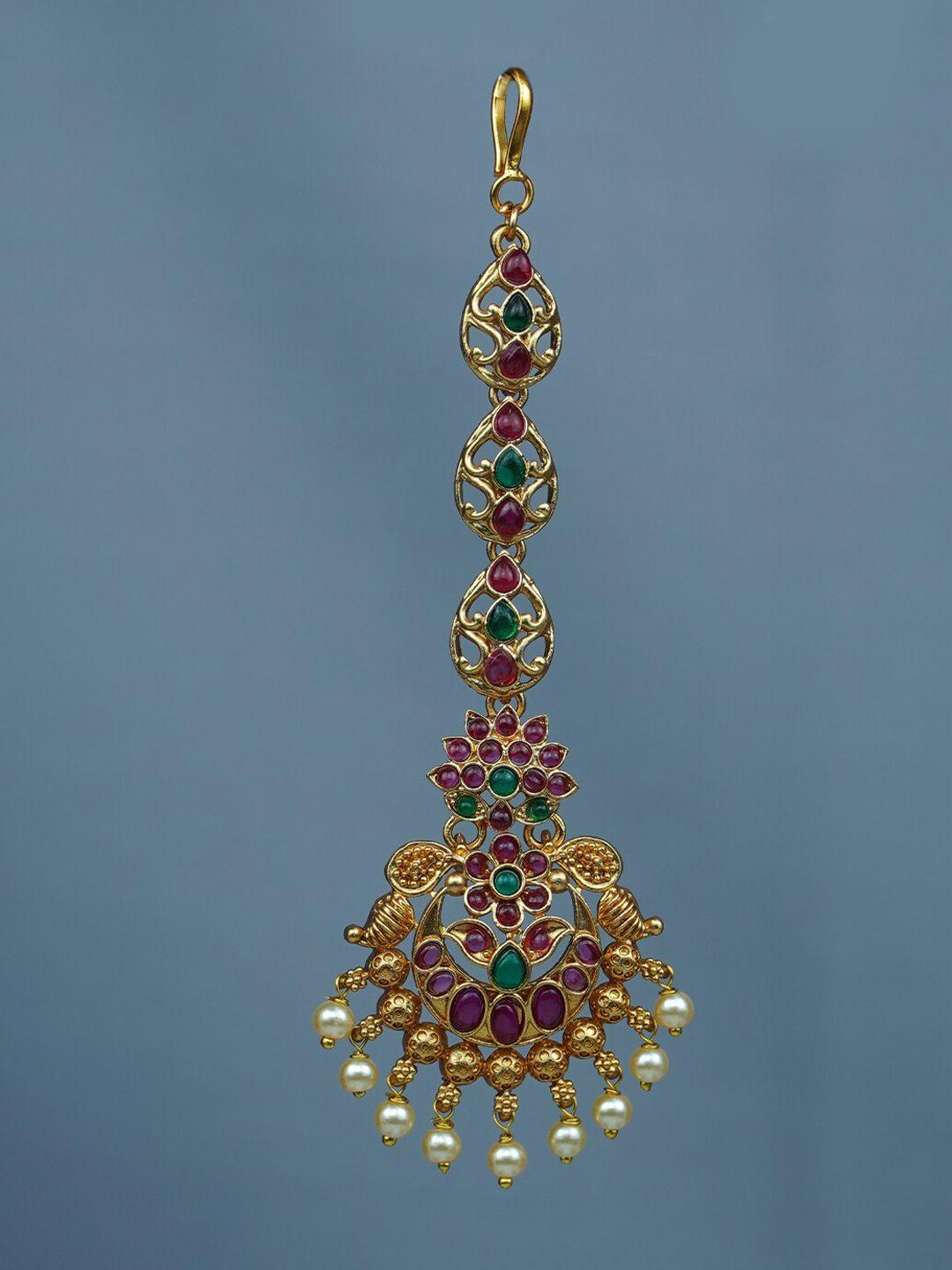 diksha collection gold-plated stone-studded & beaded maang tikka