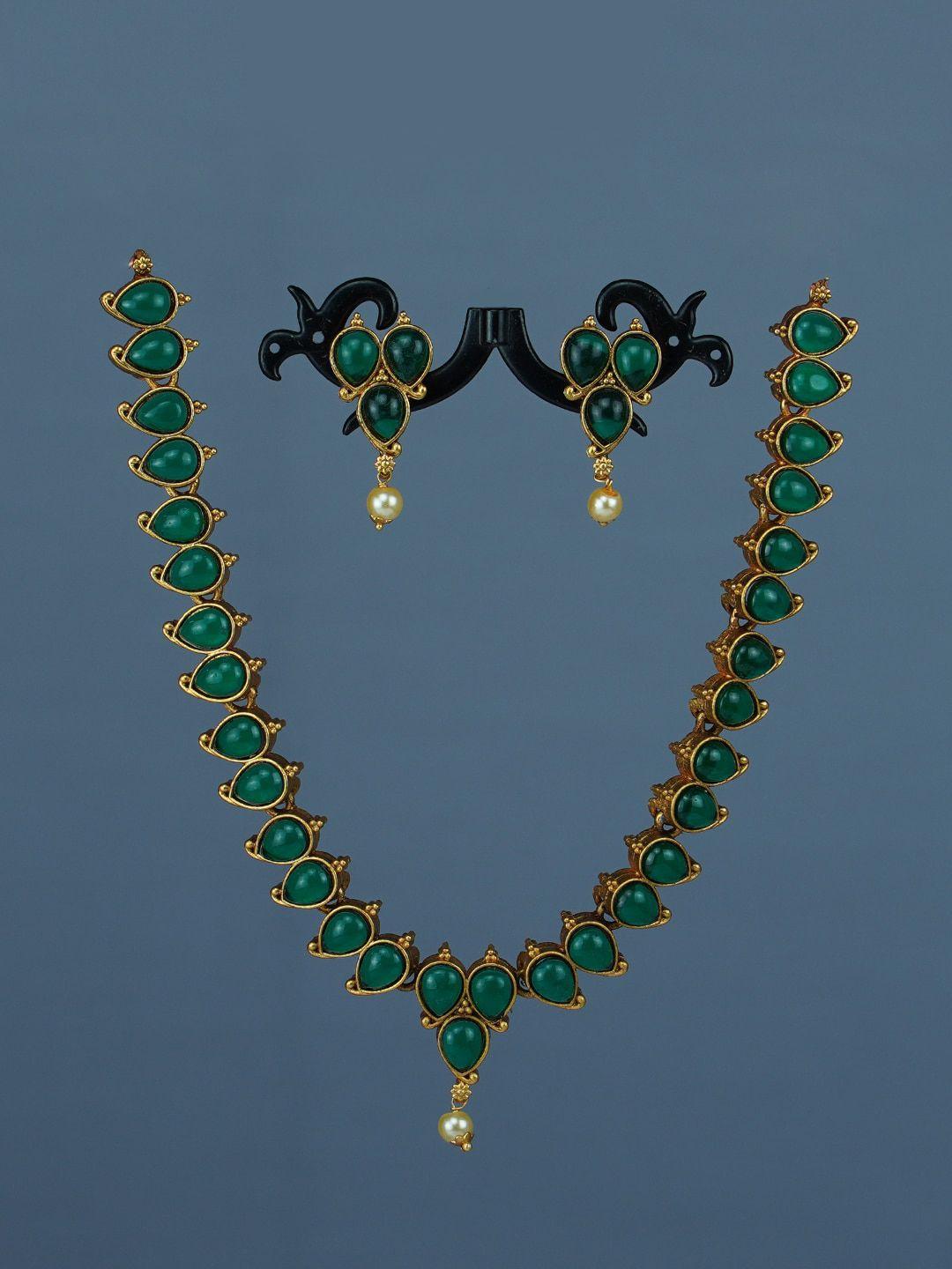 diksha collection gold-plated stone-studded & beaded matte finish jewellery set