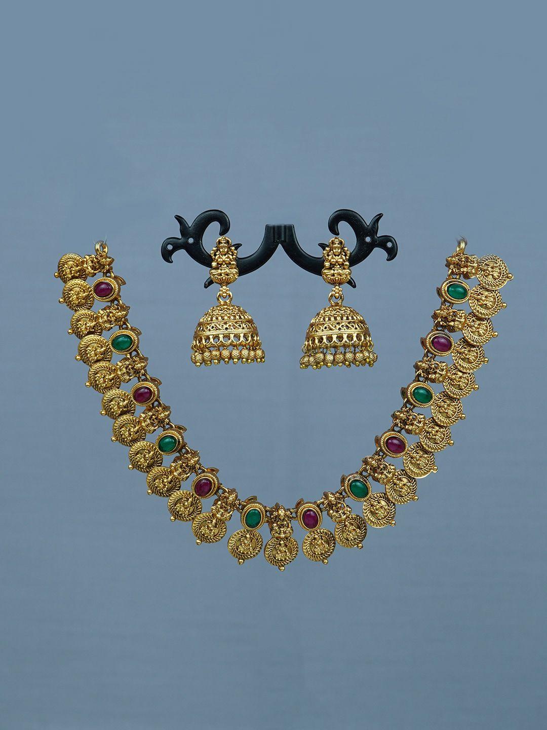 diksha collection gold-plated stone-studded matte finish jewellery set