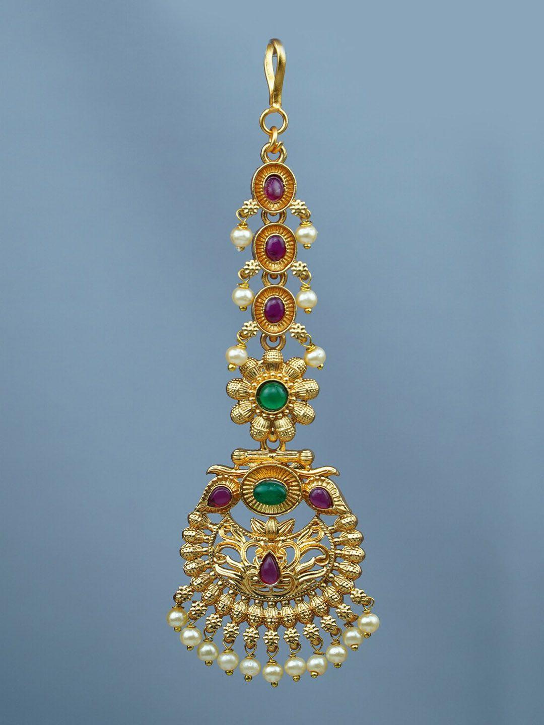 diksha collection gold-plated stones-studded and beaded temple maang tikka