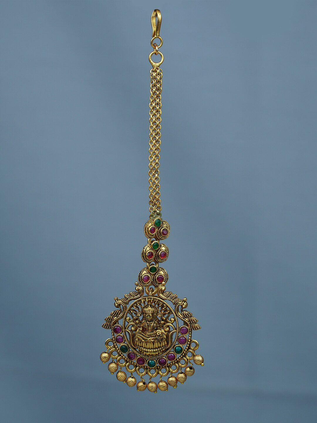 diksha collection gold-plated stones-studded and beaded temple maang tikka