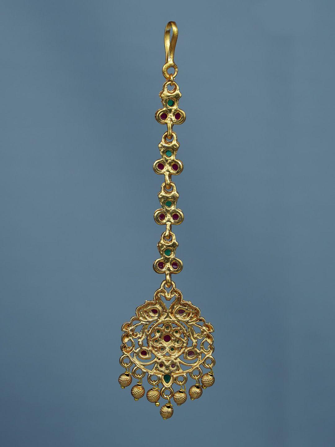 diksha collection gold-plated stones-studded and beaded temple maang tikka