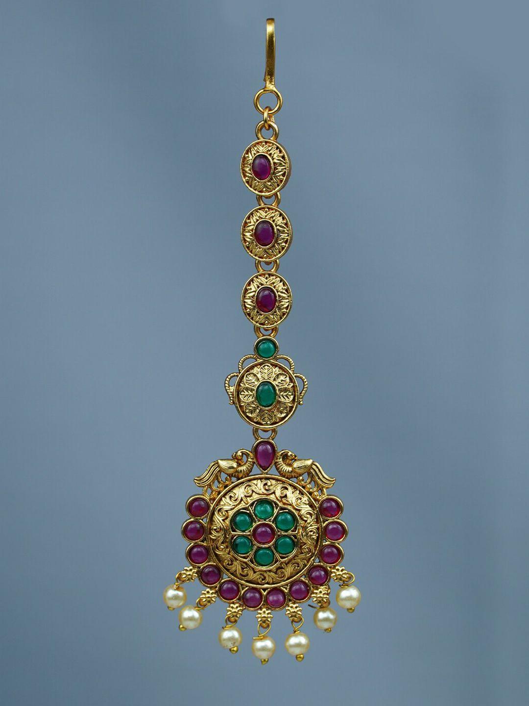 diksha collection gold-plated stones-studded and beaded temple maang tikka